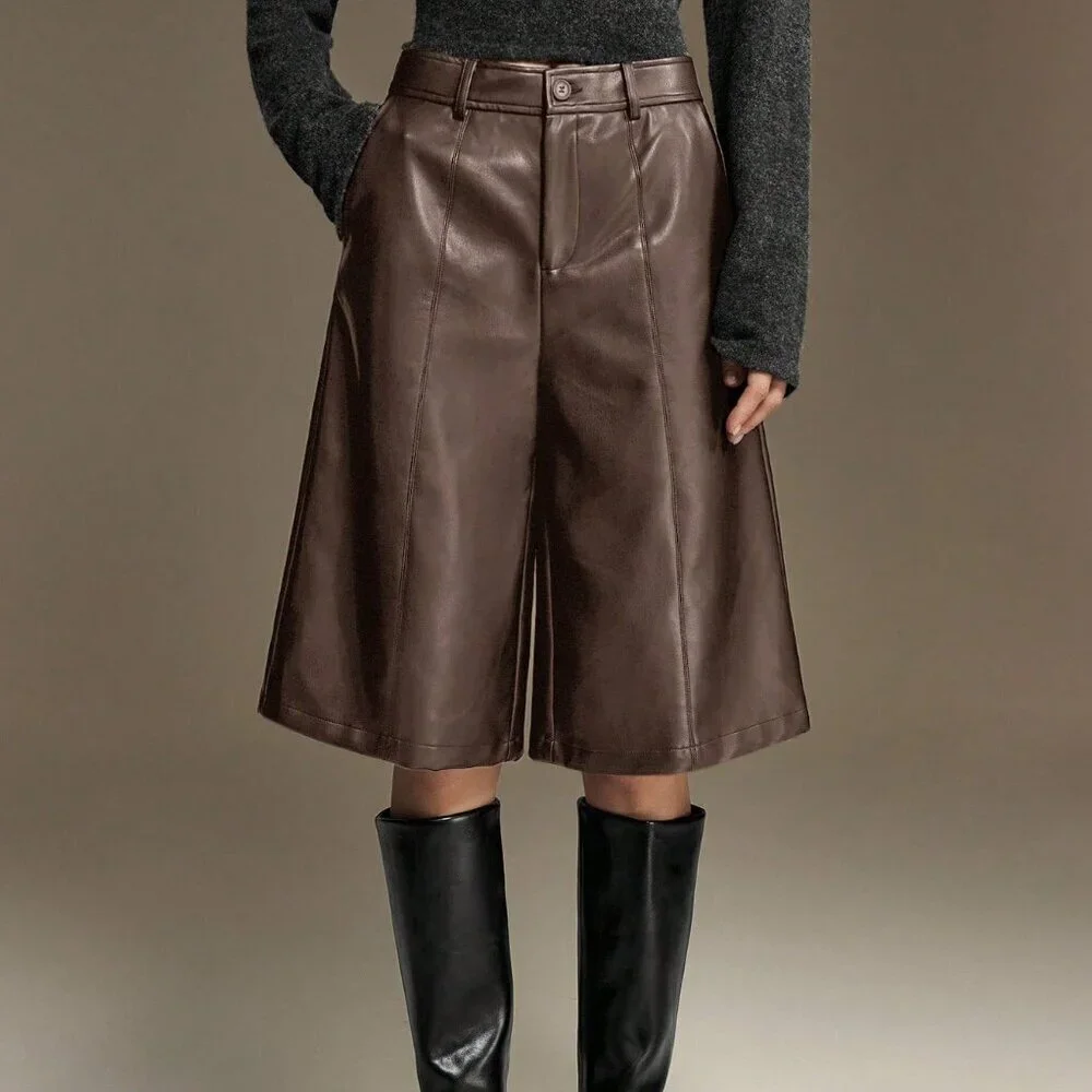 Brown Casual Women's Wide Leg Shorts